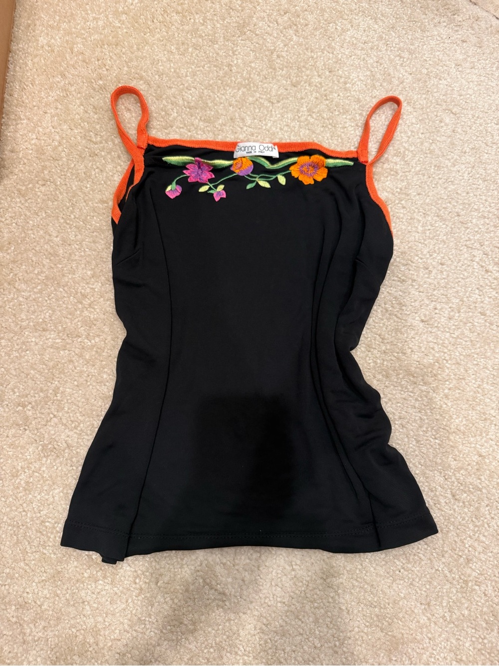 Vintage Black Embroidered Floral Cami with Orange Trim; Bought in Italy